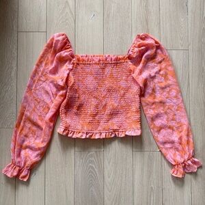 Japna Smocked Long Sleeve Orange and Pink Floral Blouse Women’s Size Large